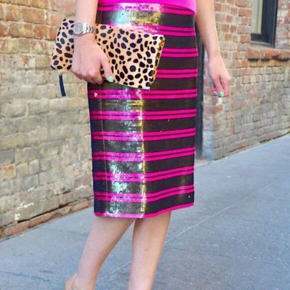 J Crew Pencil Skirt Sequin Stripe Brown & Pink Skirt - Picture 2 of 8